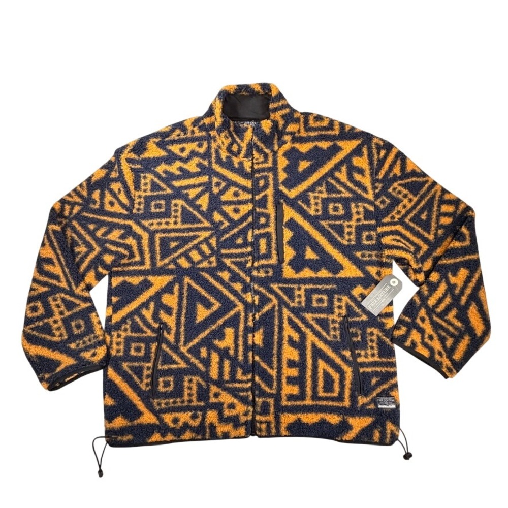 Free Nature Sherpa Fleece Jacket Large Women Navy Orange Geometric Full Zip NWT
